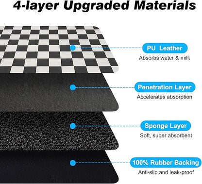 Checkered Dog Food Mat, Absorbent Leak-Proof Pet Feeding Mat, Quick Dry Cat Food Mat for Messy Drinkers 17" x 32" Black