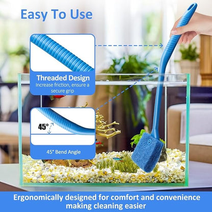 Fish Tank Cleaner with Five Sided Sponge Brush and Long Handle Aquarium Scrubber Alage Scraper for Glass Aquariums Terrarium Home Kitchen