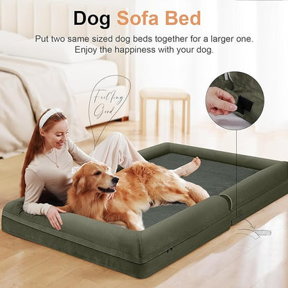 Large Dog Bed Orthopedic Washable: Extra Large Sized Beds for Jumbo Dogs Egg Crate Foam Sofa Couch Waterproof Removable Cover - Dark Green