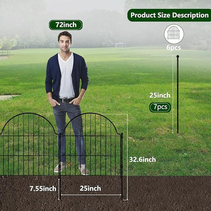 6 Panels No Dig Decorative Garden Fence, 25in (H) x 12.2ft (L) Animal Barrier Fencing for Dog, Easy Install Temporary Fence for Yard, Rustproof Wire Garden Border