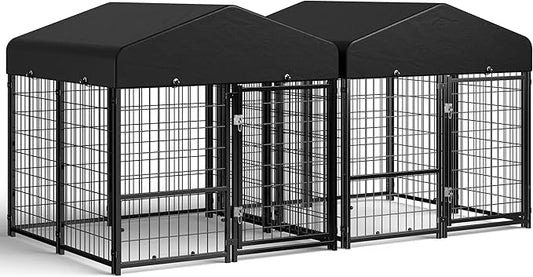 Sino Luban 2PCS Outdoor Dog Kennel Outside Run with Doggy Door&Waterproof Roof - 4x4x4.6FT Large Dog Kennels Pens Outside for Small/Medium Dogs - Heavy Duty Cage Yard (Can Connect to Your Dog House)