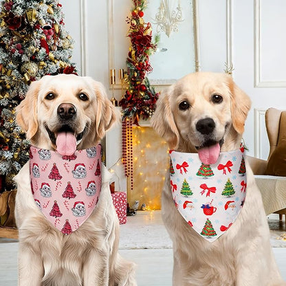 Cute Christmas Dog Bandanas Large 2PCS, 4 Pattern Holiday Scarf for Boy and Girl, Triangle Reversible Bibs Breed for Puppy Pets