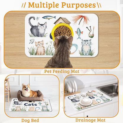 Cats Dog Food Mat,Cute Fun Absorbent Pet Feeding Mat for Food and Water Bowl,Quick Dry Dog Placemat Non Slip Rubber Backing Waterproof Pet Supplies 16" x 24"