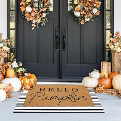 Tinideya 2 Pcs Door Mat Welcome Non Slip Coir Mats Floor Layering Doormats Seasonal for Front Porch Entryway Decor(Hello Pumpkin)