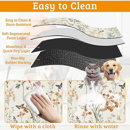Wildflowers Butterfly Dog Cat Food Mat,Plants Absorbent Waterproof Placemat for Food and Water Non Slip Rubber Backing Durable Feeding Pad for Clean Floors 16" x 24"