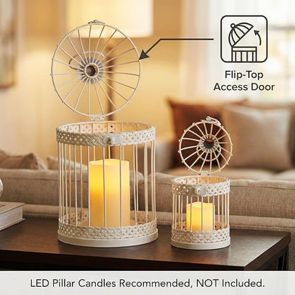 Vela Lanterns Bird Cage Decor Candle Holder Lantern Decorative Wedding Table Centerpiece Decorations, 10" and 6" Tall, White, Set of 2