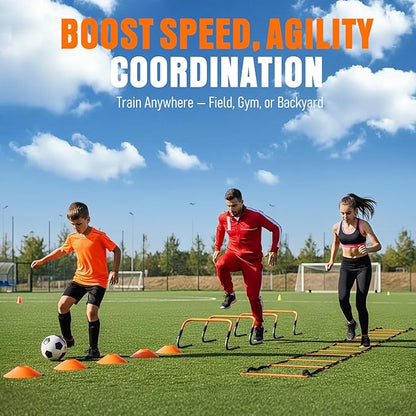 Agility Ladder, Soccer Football Training Equipment Set - 20ft Speed Ladder, 4 Hurdles,Parachute, 12 Cones & Jump Rope | Agility & Speed Training for Kids Youth Adults,Basketball & Football Accessories
