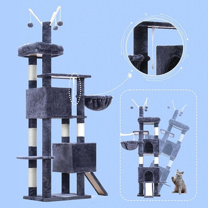 Hey-brother Cat Tree Tower, Sturdy Scratching Posts with Platform, Large Condos, Hammock, Removable Toys, Scratch Board, Multi-Level Furniture for Indoor Cats, 59.0 or 72.8 Inches, Smoky Gray MPJ055G