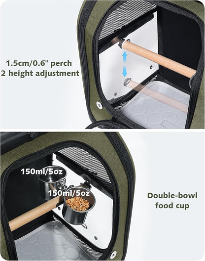 Pecute Bird Backpack Carrier for Small Birds,Cockatiel,Parrot,Bird Carrier with Standing Perch,Comfy Mat&Transparent Window, Breathable Bird Backpack for Vet Visit,Shopping and Outdoor Adventure,Green
