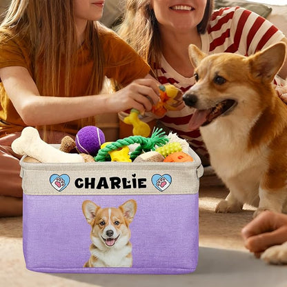 Personalized Dog Toy Storage Basket Custom Collapsible Toy Bin with Pet's Name and Photo-Rectangular Storage Organizer for Dog' Toys Clothing Blankets