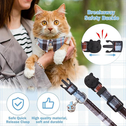 Cat Collar with Bells Breakaway, Bowtie Cat Collar for Boy Girl Cats with Removable Shirt Collar, Cute Plaid Kitten Collar with Bell & Pendant Adjustable, 2 Pack Blue Cat Necklace for Cat Pet