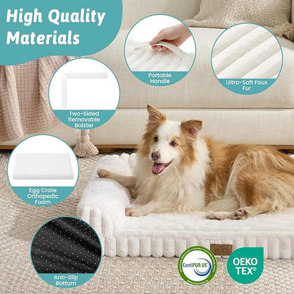 Cute Dog Bed, Faux Rabbit Fur Orthopedic Foam Dog Bed with Sides, Removable Washable Cover & Waterproof Lining, Comfortable Pet Couch for Medium Dogs, Cream (36" L x 27" W x 6.5" Th)