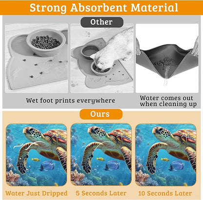 Sea Turtle Dog Cat Food Mat,Colorful Coral Absorbent Waterproof Placemat for Food and Water Non Slip Rubber Backing Durable Feeding Pad for Clean Floors 12" x 20"