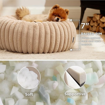 Bedsure ComfyFleece™ Donut Small Dog Bed - Dog Beds for Small Dogs with Corduroy Fleece & Anti Slip Bottom, Round Faux Fur Pet Beds with Washable Removable Cover, Sandy Beige, 23x23x7 inches