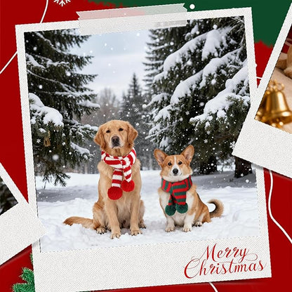 BWOGUE 2-Piece Knitted Dog Christmas Scarf & Bandana with Red and Green Pom Poms for Medium/Large Dogs - Winter Warm Holiday Pet Costume Accessory (Red, Green)