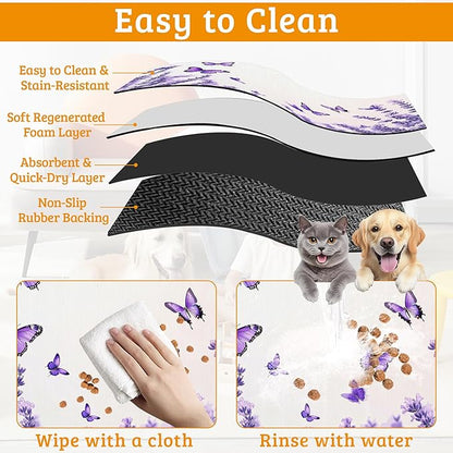 Pet Feeding Mat,Lavender Butterfly Absorbent Dog Cat Food Mat Purple Dog Mat with Rubber Backing,Non-Slip Water Bowl Placemat,Pet Supplies 12" x 20"