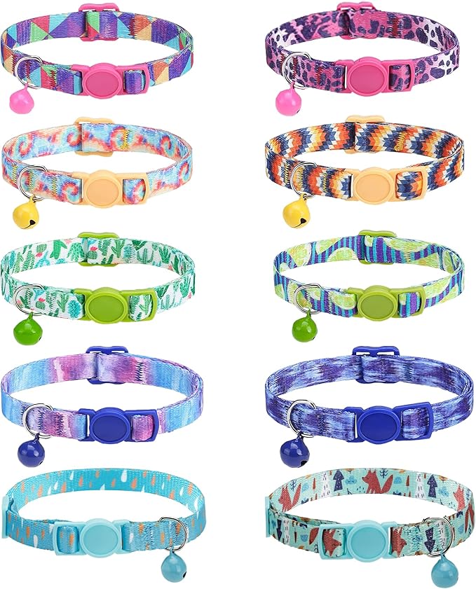 SOLMOONY Cute Cat Collar for Girl Boy,Colorful Breakaway Cat Collars with Bell 2 Pack，Adjustable Printed Nylon with Safety Buckles Kitten Collar (Coloured Drawing)