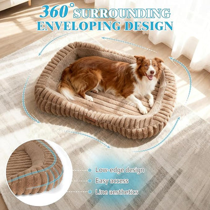 Washable Medium Size Dog Bed, Durable Calming Orthopedic Pet Bed with Removable Cushion Cover & Anti-Slip Bottom, Rectangle Bolster Sides Dog Bed with Handle, 30x24x4inches, Brown