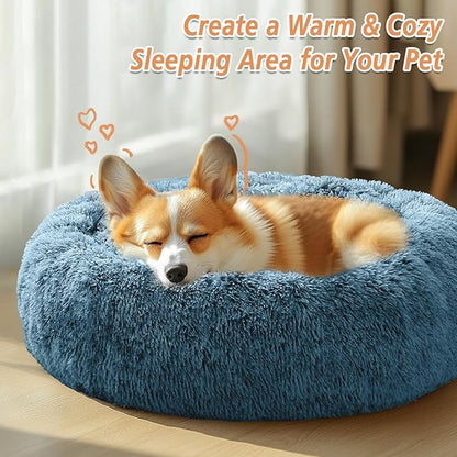 JOLLYVOGUE Calming Dog Bed Medium Size Dog, Anti-Anxiety Donut Medium Pet Bed, 31 inches Fluffy Faux Fur Round Cat Bed, Fits up to 45 lbs Pets (Blue)