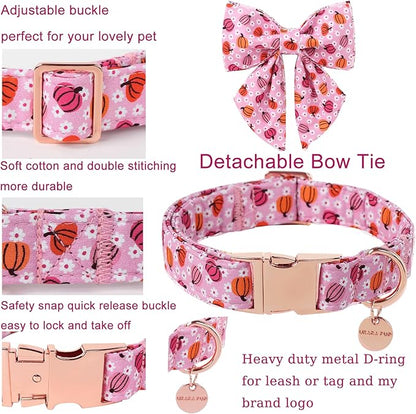 Halloween Pumpkin Dog Collar with Bow Tie, Pink Halloween Puppy Bowtie Collar with Adjustable Metal Buckle,Fancy Dog Collar Bowtie for Girl Boy Dog,XL