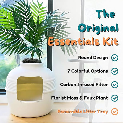 Good Pet Stuff Hidden Litter Box Planter, Decorative Cat Litter Enclosure with Carbon Filter, Artificial Plant, Easy Clean, Indoor Design, Original Round Style, Essentials Kit, White Birch