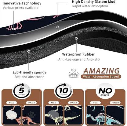 Dinosaur Skeleton Dog Cat Food Mat,Vintage Color Absorbent Pet Feeding Mat with Rubber Backing,Non-Slip Water Bowl Placemat,Indoor Pet Accessories Supplies 12"x20"