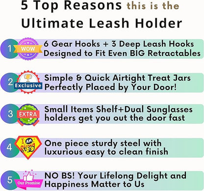 Dog Treat Holder For Wall Storage For Pets, Premium Pet Wall Organizer, Includes Two 32oz Airtight Dog Treat Jar, 3 Sets of Triple Hooks, Sturdy Shelf in Modern Black
