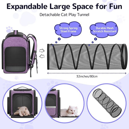 Cat Backpack Carrier with Detachable Play Tunnel, 2 in 1 Cat Tunnel Backpack Suitable for Carrying & Playing, Expandable Dog Carrier for Small Medium Kitten Puppy, Suitable for Travel Hiking Camping