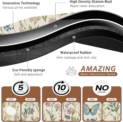 Wildflowers Dog Cat Food Mat,Vintage Botanical Garden Plants Herb Butterfly Absorbent Pet Feeding Mat for Food and Water,Non-Slip Dog Bowl Mats Floor Protector 12"x20"