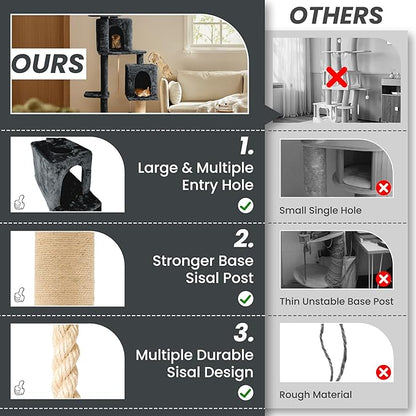 56-Inch Cat Tree for Large Cats, Multi-Level Cat Tower with 2 Condos, Sisal Scratching Posts & Hanging Toys, Sturdy Cat Furniture for Indoor Cats, Space-Saving Design Easy Assembly, Smoke Grey