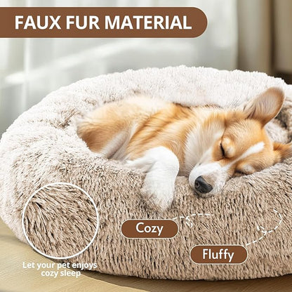 JOLLYVOGUE Calming Dog Bed for Small Dogs - 23 inches Donut Washable Small Dog Bed for Kittens & Puppies, Anti-Slip Round Fluffy Plush Faux Fur Cat Beds (Fits up to 25 lbs Pets, Cream Brown)