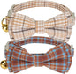 2 Pack Cotton Cat Collar, Removable Bowtie, Plaid Pattern, Safety Breakaway Clasp, Adjustable for Cats.(Adult Cat, Beige and Red)