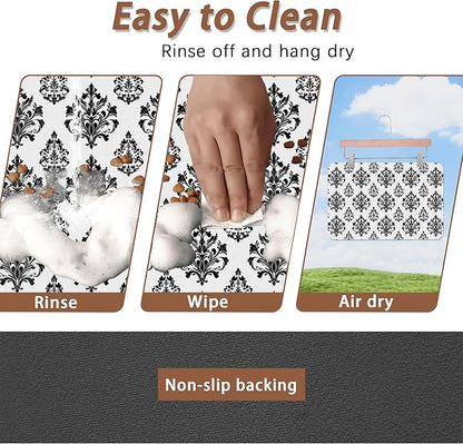 Vintage Damask Flower Dog Cat Food Mat,White Black Floral Absorbent Pet Feeding Mat for Food and Water,Non-Slip Dog Bowl Mats Floor Protector 16"x24"
