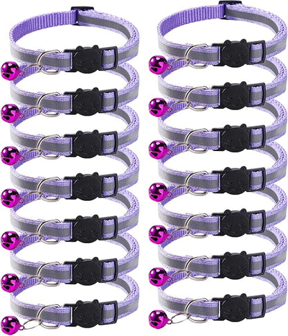 14 Pack Breakaway Cat Collar with Bell, Reflective Kitten Collar for Girl Boy Cats, Safety Buckle Adjustable 7.5-12.5 Inch, 0.4 Inch Width Lightweight, Pet Gifts (Purple)