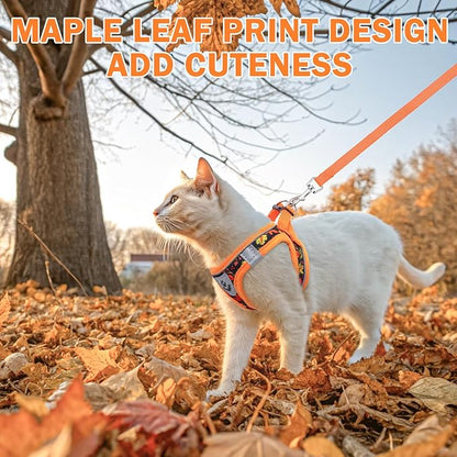 SCENEREAL Fall Thanksgiving Cat Harness and Leash Set Escape Proof, Soft Mesh Kitten Harness for Walking Travel, Reflective Adjustable Pet Vest with Leaf Print for Cat Puppy, S