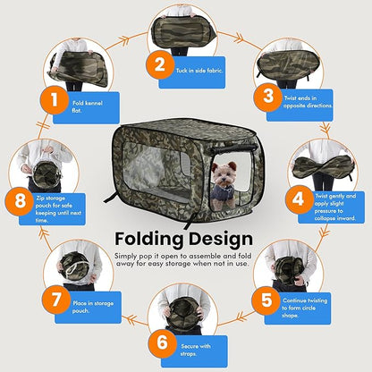 Beatrice Home Fashions Portable, Collapsible, Pop Up Kennel Travel Cat and Dog Crate, 40" L x 27" W x 27" H, Camo Green