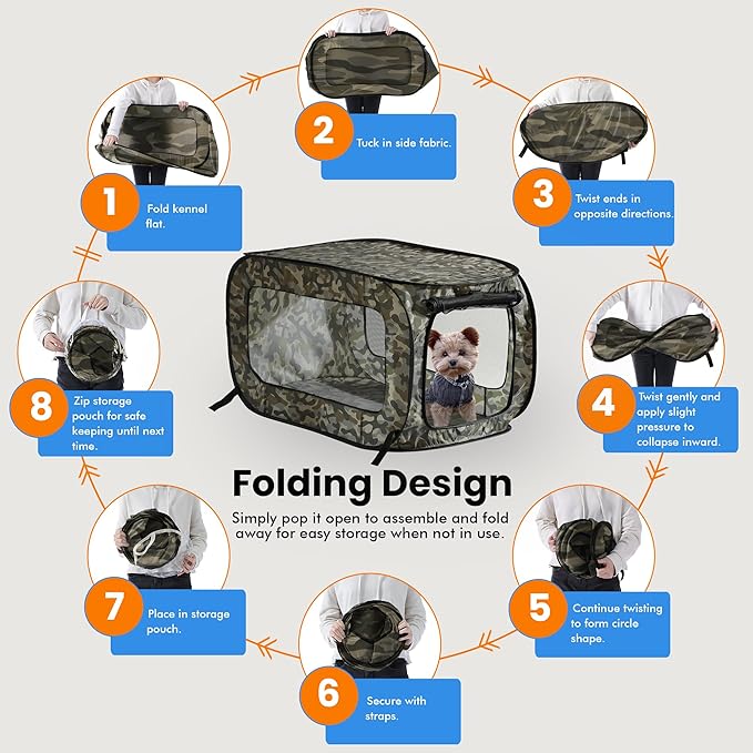 Beatrice Home Fashions Portable, Collapsible, Pop Up Kennel Travel Cat and Dog Crate, 32.5" L x 19.5" W x 19.5" H, Camo Green