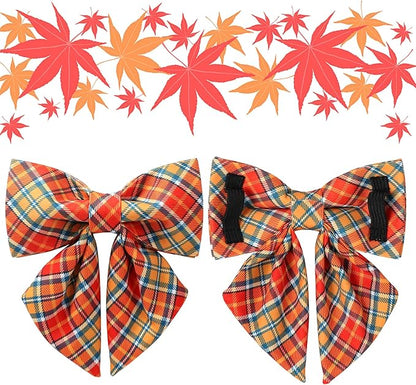 Autumn Plaid Dog Collar and Bow Tie Set – Orange Yellow Checkered Adjustable Fall Collar with Maple Leaf Charm for Small Medium Large Dogs, Soft Cotton Pet Collars with Buckle and D-Ring