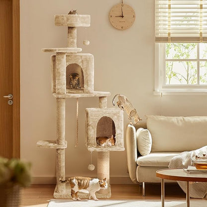 56-Inch Cat Tree for Large Cats, Multi-Level Cat Tower with 2 Condos, Sisal Scratching Posts & Hanging Toys – Sturdy Cat Furniture for Indoor Cats, Space-Saving Design (Easy Assembly), Beige