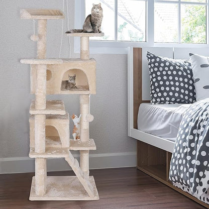 Premium Cat Tree 54-Inch Tall, Large Cat Condo Furniture with Sisal Posts and Plush Platforms, Luxury Lounger and Scratch Post for Happy Indoor Cats (Beige)