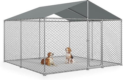 10x10 FT Outdoor Dog Kennel Outside with Metal Large Dog Gate, Outdoor Dog Pens with Roof, Heavy Duty Dog Kennel for Backyard Farm Use (124x124x87IN)
