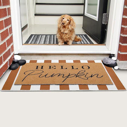 Tinideya 2 Pcs Fall Door Mat Thanksgiving Hello Pumpkin Welcome Non Slip Coir Mats White Orange Buffalo Plaid Floor Layering Doormats Seasonal for Front Porch Entryway Decor(Orange White)