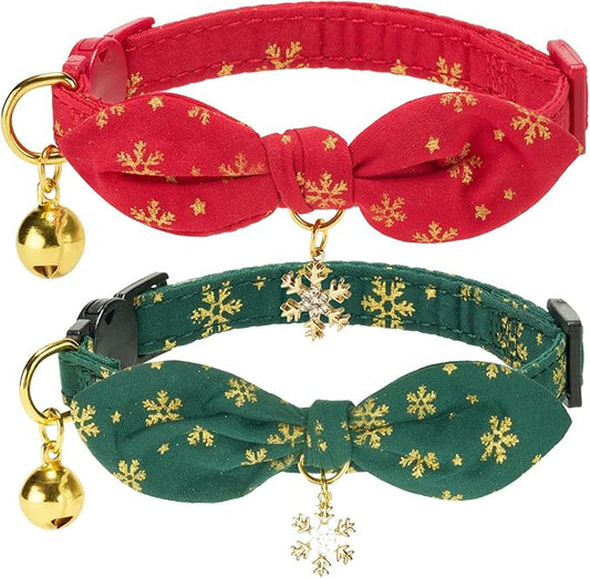 2 Pack Christmas Cat Collar with Bell and Removeable Bunny Bowtie,with Bling Snowflake Charm and Printing Pattern, Safety Breakaway Clasp, Adjustable for Kitten and Cats Green and Red.