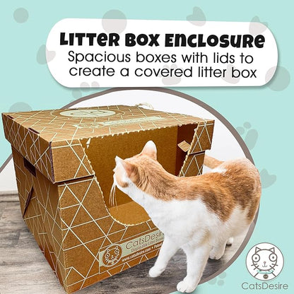 Cats Desire Litter Box - Disposable Litter Box Pack (6 pcs) - Top/Low Entry - Includes 2 lids, 2 Bases and 2 Multipurpose Pads - Partially Recycled Cardboard, 17" L x 17" W x 15.25" H