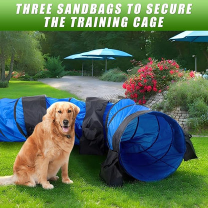 28 in 18 Foot Blue Extra Large Dog Agility Tunnel with Sandbags Dogs Agility Training Equipment Tunnel with 4 Pack Sandbags Carry Bag and 4 Ground Spikes for All Medium and Large Dogs