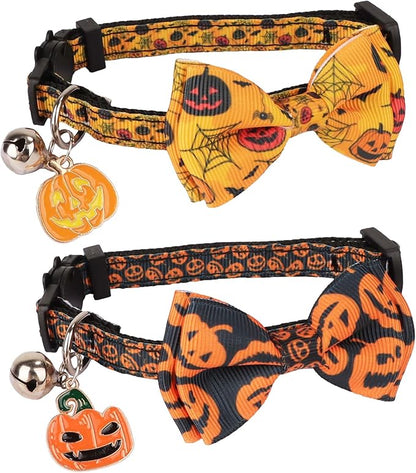 ADOGGYGO Halloween Cat Collars with Bow Bell, Black Orange Pumpkin Bowtie, Breakaway Halloween Collars for Cats Kittens