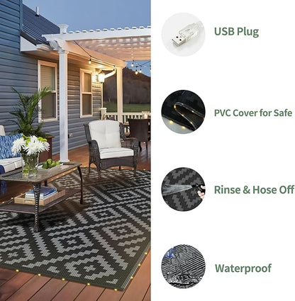 GENIMO Outdoor Rug with LED Strip Lights, 8'x10' Waterproof Camping Mat, Reversible Plastic Straw Rugs for Patio, RV, Camper, Balcony, Backyard, Picnic, Deck, Black & Gray