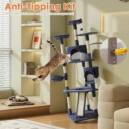 DUMOS Tall 79in Cat Tree Tower, Large Multi Level Cats Climbing Tower with Condo, Natural Sisal Scratching Posts, Extended Platform, Basket, Pet Tree House for Indoor Cats Play, Dark Grey