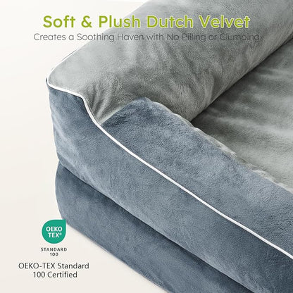 Extra Large Dog Bed, Orthopedic XL Dog Bed with Cooling Gel Memory Foam, Waterproof Pet Bed with Removable Washable Cover, 42" Pet Sofa Couch Dutch Velvet with Bone Toy, Dark Gray