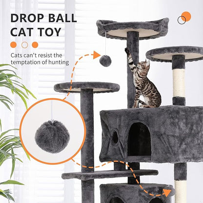 Cat Tree for Indoor Cats, Multi-Level Cat Tower with Scratching Posts & Cozy Condo, Space Saving Cat Activity Center, Durable Pet Play House (54in,Light Gray)